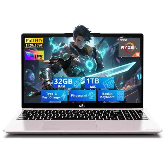 15.6" FHD Business Laptop, AMD Ryzen 5(Beat i3-1215U, 4 Cores Up to 3.7GHz), 32GB RAM 1TB SSD, Student Laptop 65W Type-C Fingerprint Backlit Keyboard IPS-Computer, Wi-Fi 5 BT5.2 RoseGold