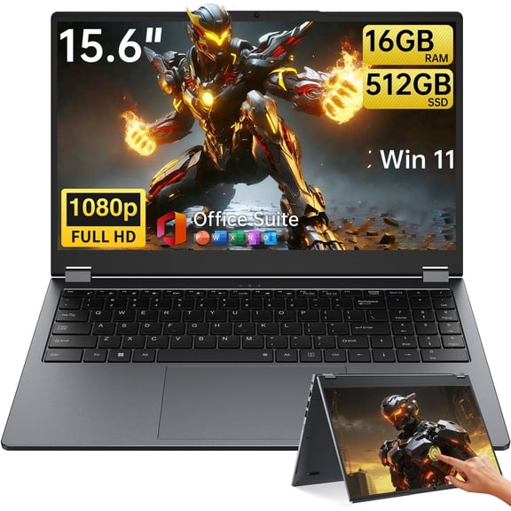 15.6"FHD Display Touchscreen Laptop,Intel N100 Processor,16GB RAM 512GB SSD ,Windows 11 Pro MS Office 2024,360 Foldable 2 in 1 Laptop Computer,Silver