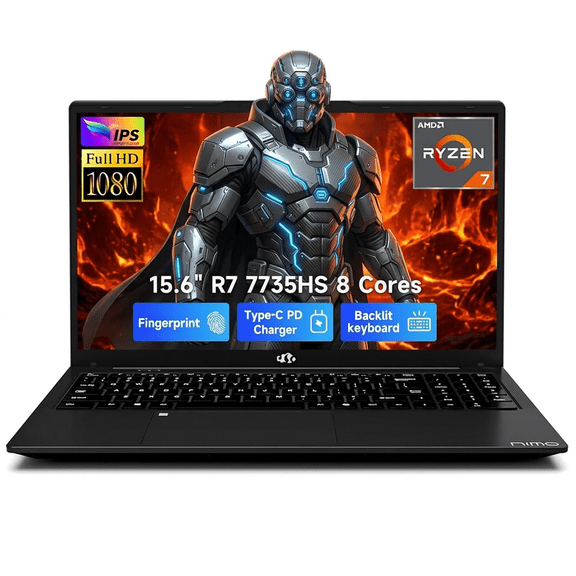 15.6" FHD Gaming Laptop 16GB DDR5 RAM 1TB SSD AMD Ryzen 7 7735HS (8 Cores Up to 4.75GHz) with Radeon 680M Graphics 100W Type-C Backlit Keyboard Fingerprint Unlock Black
