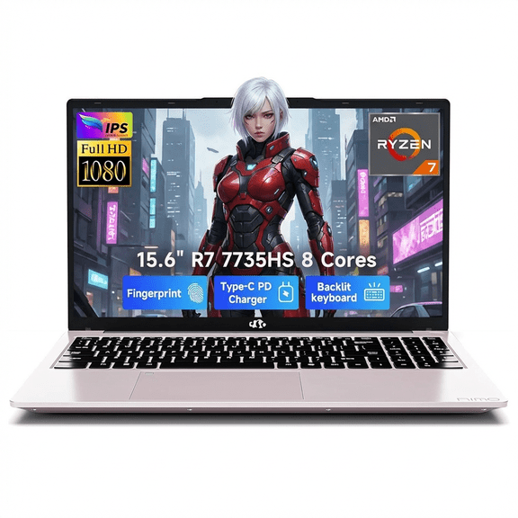 15.6" FHD Gaming Laptop 16GB DDR5 RAM 512GB SSD AMD Ryzen 7 7735HS (8 Cores Up to 4.75GHz) with Radeon 680M Graphics 100W PD Type-C Backlit Keyboard Fingerprint Unlock RoseGold