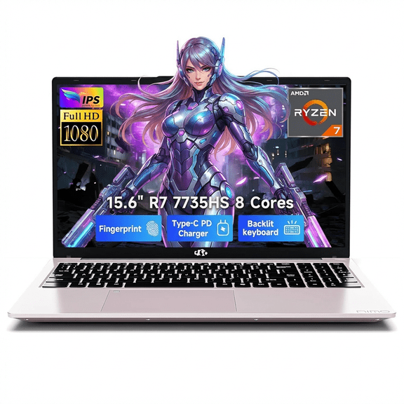 15.6" FHD Gaming Laptop 16GB DDR5 RAM 512GB SSD AMD Ryzen 7 7735HS (8 Cores Up to 4.75GHz) with Radeon 680M Graphics 100W PD Type-C Backlit Keyboard Fingerprint Unlock RoseGold