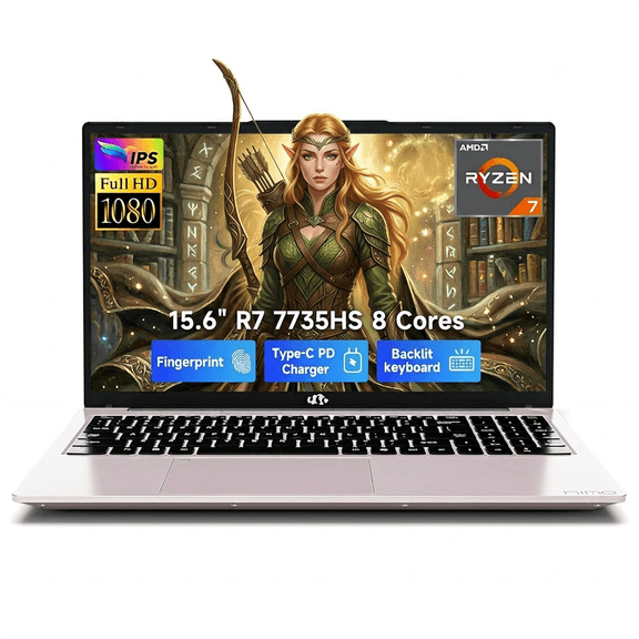 15.6" FHD Gaming Laptop 16GB DDR5 RAM 512GB SSD AMD Ryzen 7 7735HS (8 Cores Up to 4.75GHz) with Radeon 680M Graphics 100W PD Type-C Backlit Keyboard Fingerprint Unlock RoseGold