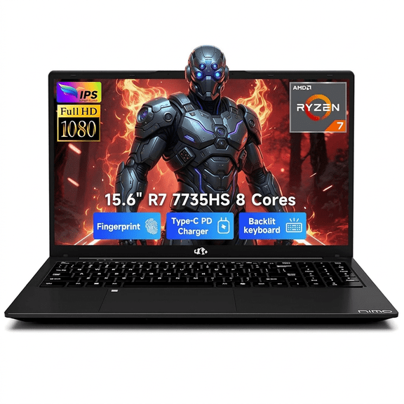 15.6" FHD Gaming Laptop 16GB DDR5 RAM 512GB SSD AMD Ryzen 7 7735HS (8 Cores Up to 4.75GHz) with Radeon 680M Graphics 100W PD Type-C Backlit Keyboard Fingerprint Unlock Black