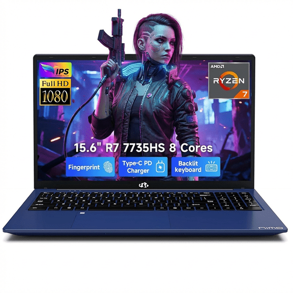 15.6" FHD Gaming Laptop 16GB DDR5 RAM 512GB SSD AMD Ryzen 7 7735HS (8 Cores Up to 4.75GHz) with Radeon 680M Graphics 100W PD Type-C Backlit Keyboard Fingerprint Unlock Blue