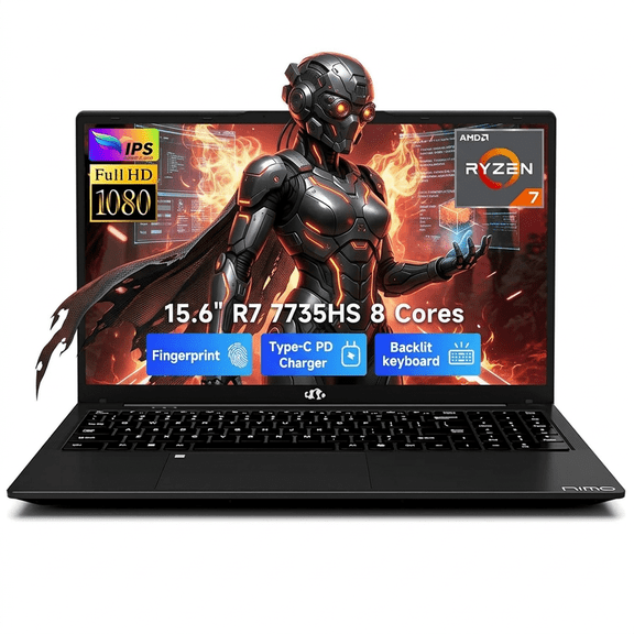 15.6" FHD Gaming Laptop 16GB DDR5 RAM 512GB SSD AMD Ryzen 7 7735HS (8 Cores Up to 4.75GHz) with Radeon 680M Graphics 100W PD Type-C Backlit Keyboard Fingerprint Unlock Black