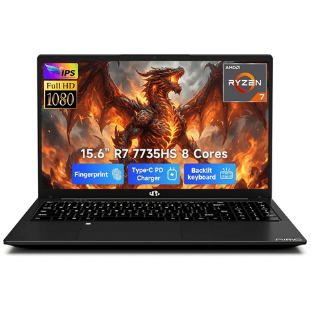 15.6" FHD Gaming Laptop 32GB DDR5 RAM 1TB NVMe SSD AMD Ryzen 7 7735HS (8 Cores Up to 4.75GHz) with Radeon 680M Graphics 100W Type-C PD Backlit Keyboard Fingerprint Unlock Black