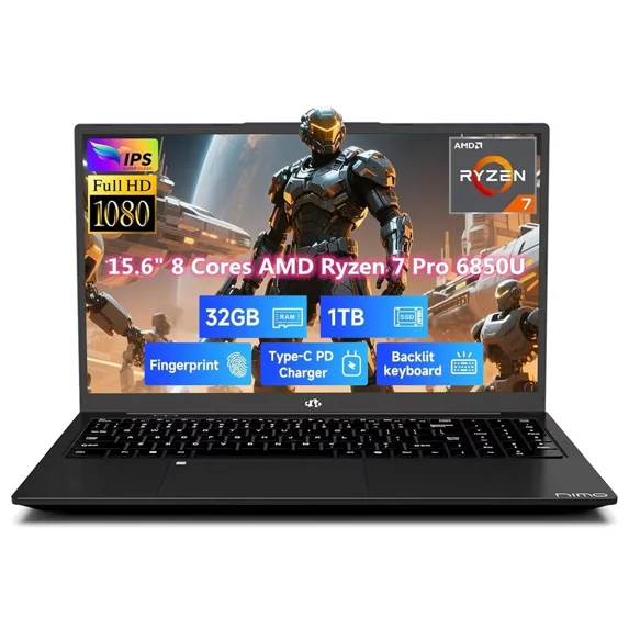 15.6" FHD Gaming Laptop, 8 Cores AMD Ryzen 7 Pro 6850U 32GB LPDDR5 RAM 1TB SSD (Beat i7-1360P Up to 4.7GHz) AMD Radeon 680M GPU IPS FHD Computer with 100W Type-C Backlit Keyboard Fingerprint Black