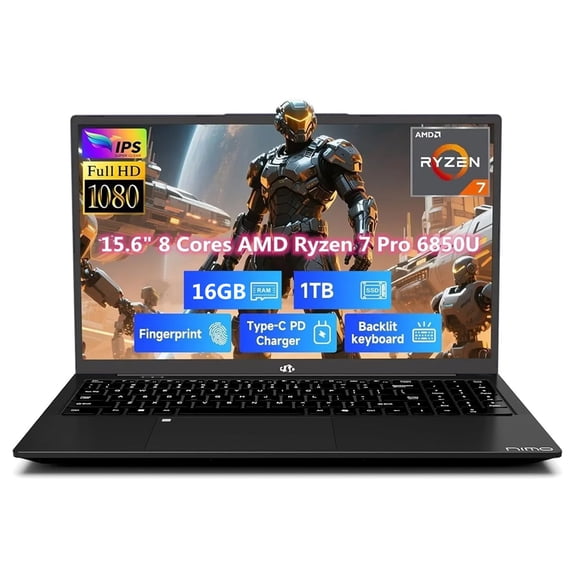 15.6" FHD Gaming Laptop, 8 Cores AMD Ryzen 7 Pro 6850U 16GB LPDDR5 RAM 1TB SSD (Beat i7-1360P Up to 4.7GHz) AMD Radeon 680M GPU IPS FHD Computer with 100W Type-C Backlit Keyboard Fingerprint Black