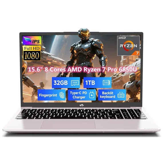 15.6" FHD Gaming Laptop, 8 Cores AMD Ryzen 7 Pro 6850U 32GB LPDDR5 RAM 1TB SSD (Beat i7-1360P Up to 4.7GHz) AMD Radeon 680M GPU IPS FHD Computer with 100W Type-C Backlit Keyboard Fingerprint RoseGold