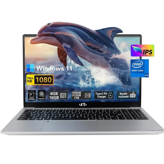 15.6 FHD High-Performance Laptop Computer, Intel N100 Processor (Up to 3.4GHz), 16GB RAM, 512GB SSD, Backlit Keyboard, Fingerprint, WiFi 6, Win 11 (Silver)