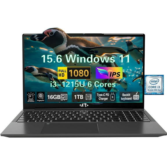 15.6" FHD High-performance laptop, Windows 11, Conference camera, Type-C 65W PD fast charger, Intel i3-1215U 16GB RAM 1TB SSD, Lightweight PC Computer, fingerprint, Backlit keyboard
