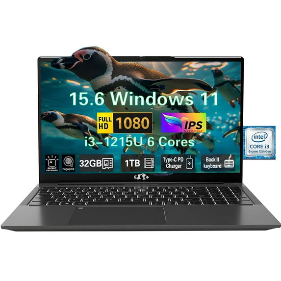 15.6" FHD High-performance laptop, Windows 11, Conference camera, Type-C 65W PD fast charger, Intel i3-1215U 32GB RAM 1TB SSD, Lightweight PC Computer, fingerprint, Backlit keyboard
