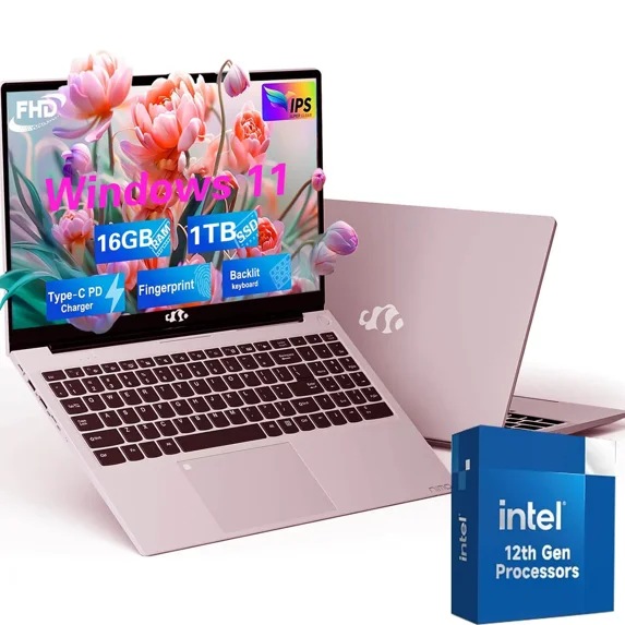 15.6" FHD High-performance laptop Windows 11 Conference camera Backlit keyboard Type-C 65W PD fast charger Intel N100 16GB RAM 1TB SSD Lightweight PC Computer fingerprint