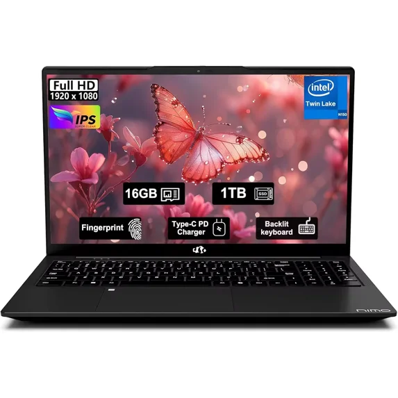 15.6" FHD IPS 2025 Business Laptop Computer Windows 11 16GB RAM 1TB SSD,4 Cores 13th Gen Intel N150(Up to 3.6GHz) 65W Type C Fingerprint Numpad Backlit Keyboard WiFi 6