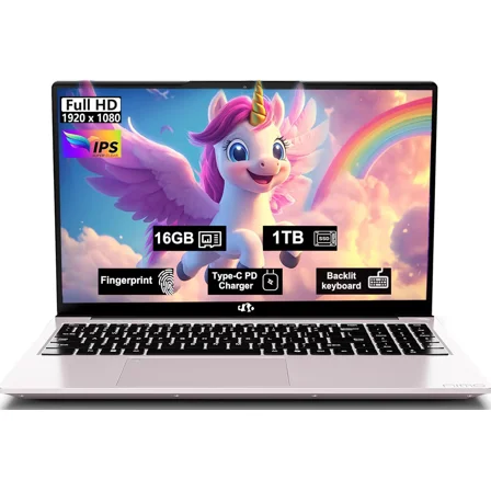 15.6" FHD IPS 2025 Business Laptop Computer Windows 11 16GB RAM 1TB SSD,4 Cores 13th Gen Intel N150(Up to 3.6GHz) 65W Type C Fingerprint Numpad Backlit Keyboard WiFi 6