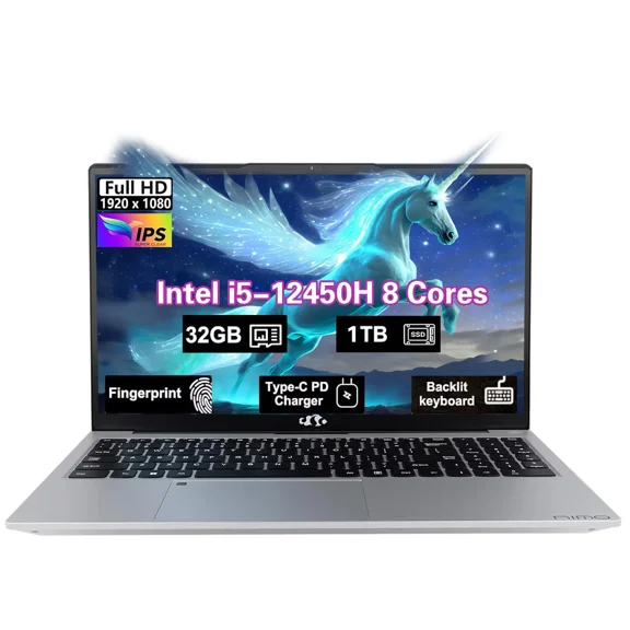 15.6" FHD-IPS-Business-Gaming Laptop 8 Cores Intel i5-12450H 32GB RAM 1TB SSD (Beat i7-11800H, Up to 4.4GHz) Backlit Keyboard Computer 100W Type C Fingerprint WiFi 6 Numpad Windows 11