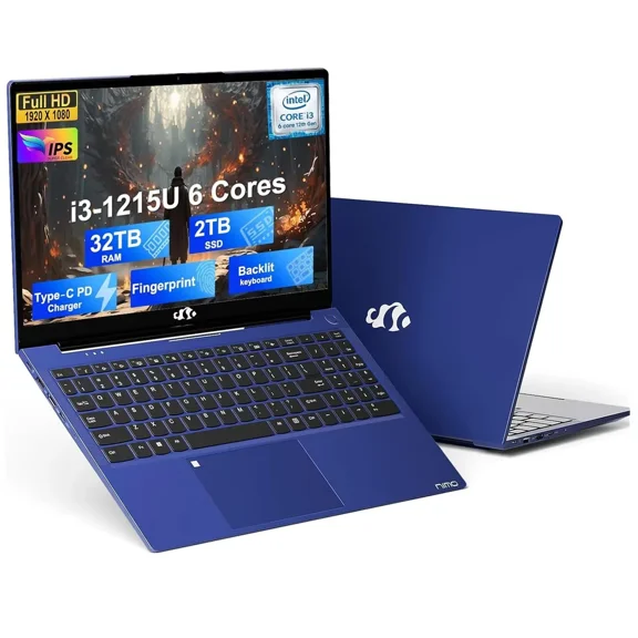15.6'' FHD IPS Business Laptop, 32GB RAM 2TB SSD, 12th Gen Intel Core i3-1215U (6-Cores Up to 4.4GHz Beat i5-1135G7), Win 11, Type-C 65W PD Fast Charger, Fingerprint Backlit Keyboard Wi-Fi 6 Blue