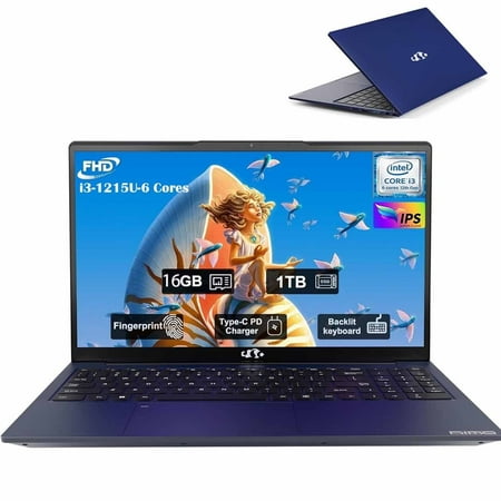 15.6" FHD IPS Business Laptop 6 Cores 12th Intel i3-1215U(up to 3.4 GHz) 16GB RAM 1TB SSD 65W Type C Backlit Keyboard Fingerprint Gaming LaptopsWi-Fi 6 (Blue)