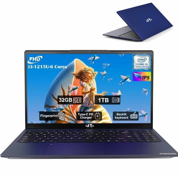 15.6 FHD IPS Business Laptop, 6 Cores 12th Intel i3-1215U(up to 3.4 GHz),32GB RAM, 1TB SSD, 65W Type C, Backlit Keyboard, Fingerprint,Wi-Fi 6-Blue