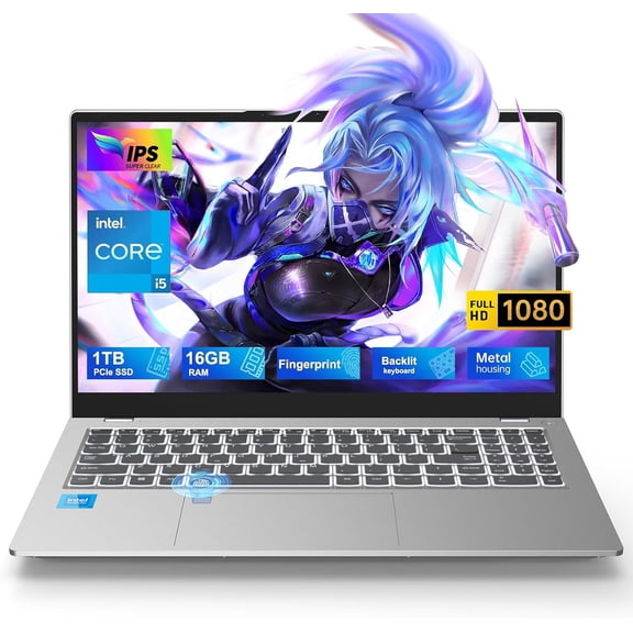 15.6" FHD IPS Business Laptop, 8 Core Intel i5-12450H (Beat i7-10750H), 16GB RAM 1TB PCIe SSD, Notebook Computer with Backlit Keyboard, Fingerprint, WiFi6+ BT5.2, Touchpad, TF Reader, Grey