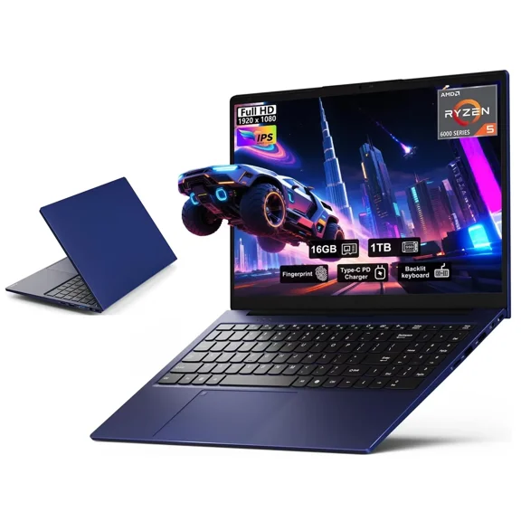 15.6'' FHD IPS Business Laptop Computer, AMD Ryzen 5 6600H(Beat R7 5700U, 6 Cores Up to 4.5GHz), 16GB DDR5 RAM 1TB SSD, Type-C 100W PD Fast Charger, Fingerprint Backlit Keyboard Wi-Fi 6 Blue