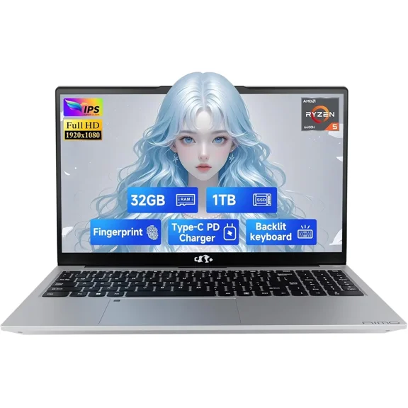 15.6" FHD IPS Gaming Laptop - AMD Ryzen 5 6600H 6 Cores (Beat i7-1165G7, Up to 4.5GHz), 32GB DDR5 RAM, 1TB SSD, AMD Radeon 660M with 100W Type-C Charger,Backlit Keyboard, Windows 11