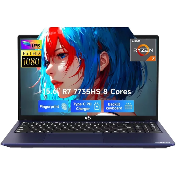 15.6" FHD IPS Gaming Laptop - AMD Ryzen 7 7735HS (8-Core) Computer with Radeon 680M , 16GB DDR5 RAM, 512GB SSD, Backlit Keyboard, ,100W Type-C ,Fingerprint