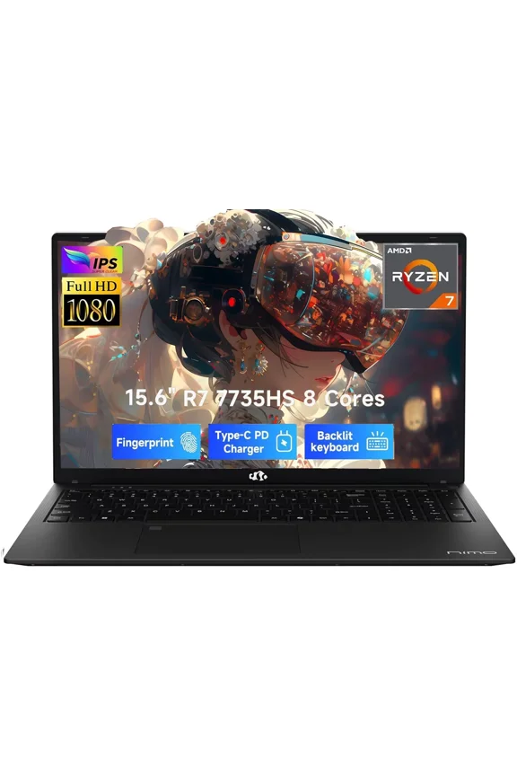 15.6" FHD IPS Gaming Laptop - AMD Ryzen 7 7735HS (8-Core) Computer with Radeon 680M , 16GB DDR5 RAM, 512GB SSD, Backlit Keyboard, ,100W Type-C ,Fingerprint
