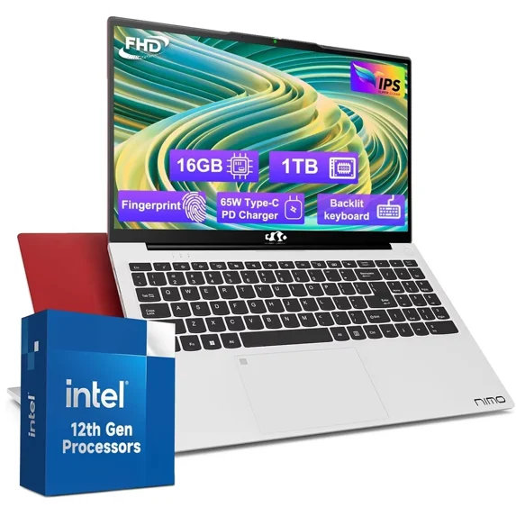 15.6'' FHD IPS High Performance Laptop, 16GB RAM 1TB SSD, Type-C 65W PD Fast Charger, Intel Pentium Quad-Core N100 Processor, Win 11 Fingerprint Backlit Keyboard Wi-Fi 6 Red