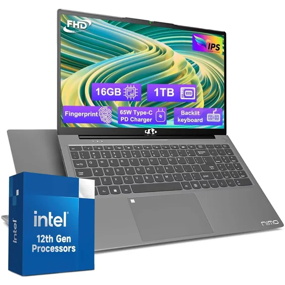 15.6'' FHD IPS High Performance Laptop, 16GB RAM 1TB SSD, Type-C 65W PD Fast Charger, Intel Pentium Quad-Core N100 Processor, Win 11 Fingerprint Backlit Keyboard Wi-Fi 6 Gray