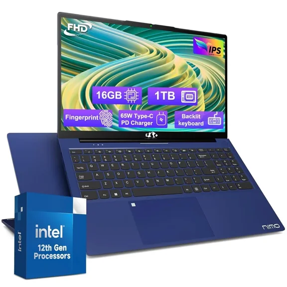 15.6'' FHD IPS High Performance Laptop, 16GB RAM 1TB SSD, Type-C 65W PD Fast Charger, Intel Pentium Quad-Core N100 Processor, Win 11 Fingerprint Backlit Keyboard Wi-Fi 6 Blue
