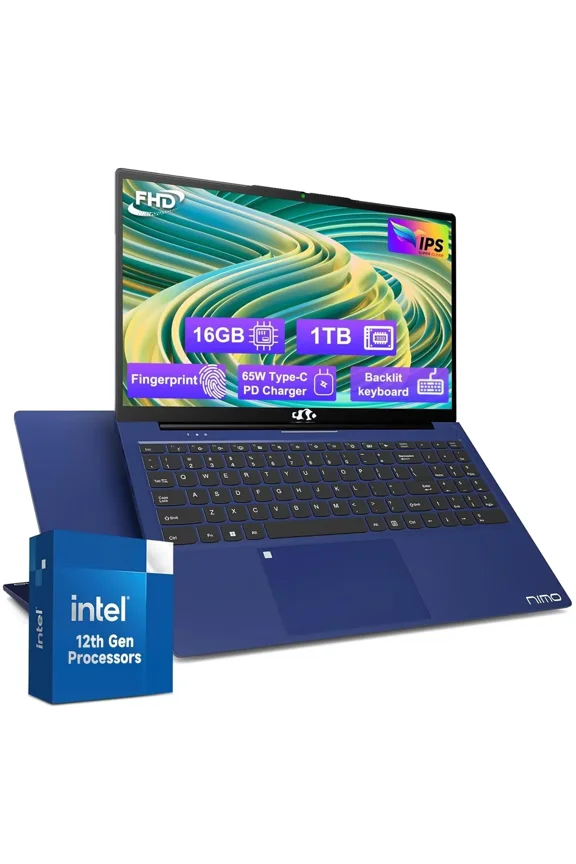 15.6'' FHD IPS High Performance Laptop, 16GB RAM 1TB SSD, Type-C 65W PD Fast Charger, Intel Pentium Quad-Core N100 Processor, Win 11 Fingerprint Backlit Keyboard Wi-Fi 6 Blue