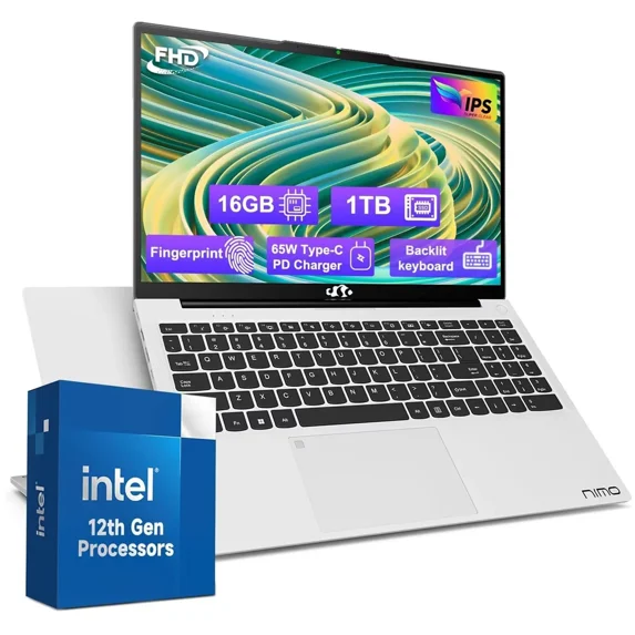 15.6'' FHD IPS High Performance Laptop, 16GB RAM 1TB SSD, Type-C 65W PD Fast Charger, Intel Pentium Quad-Core N100 Processor, Win 11 Fingerprint Backlit Keyboard Wi-Fi 6 Silver