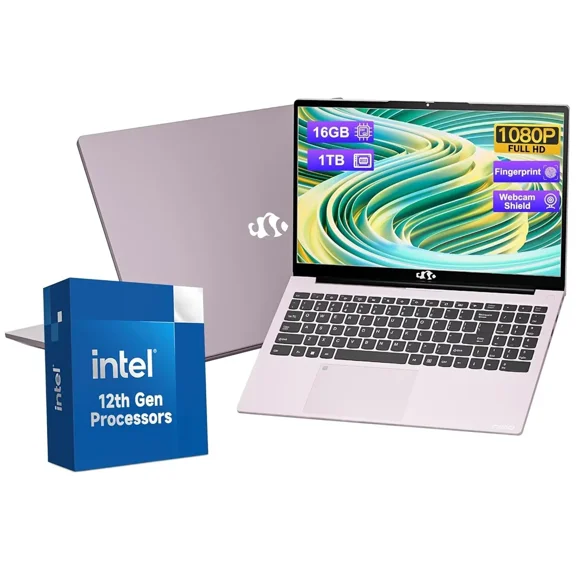 15.6'' FHD IPS Laptop, 16GB RAM 1TB SSD, Intel Pentium Quad-Core N100 Processor, Type-C 65W PD Fast Charger, Win 11 Fingerprint Backlit Keyboard Wi-Fi 6 Student notebooks RoseGold