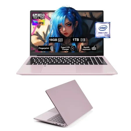15.6'' FHD IPS Laptop Computer, 16GB RAM 1TB SSD, Type-C 65W PD Fast Charger, Intel Pentium Quad-Core N100 Processor, Fingerprint Backlit Keyboard, Win 11, WiFi 6 (RoseGold)