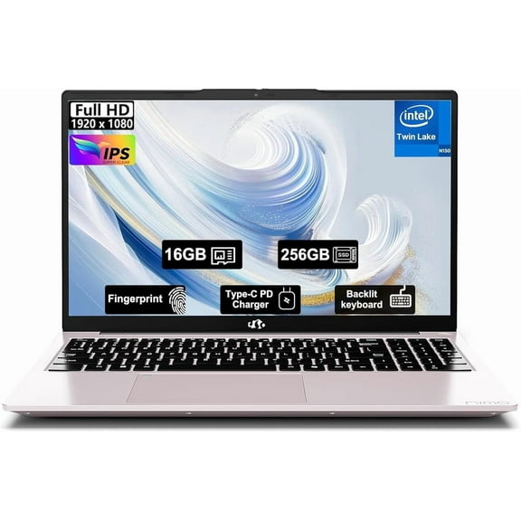 15.6" FHD IPS Student Laptop Computer 16GB RAM 256GB SSD,4 Cores 13th Gen Intel N150(Up to 3.6GHz),65W Type C,Fingerprint,Numpad,Backlit Keyboard, WiFi 6,Pink