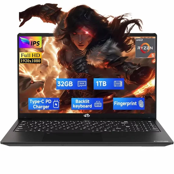 15.6" FHD IPS Student-Laptop-Computer - 32GB RAM 1TB SSD, AMD Ryzen 5 3500U(Beat i5-1135G7, 4 Cores Up to 3.7GHz), 65W Type-C, 2 Years Warranty, Fingerprint, Backlit Keyboard, Wi-Fi 5, BT5.2, Blue
