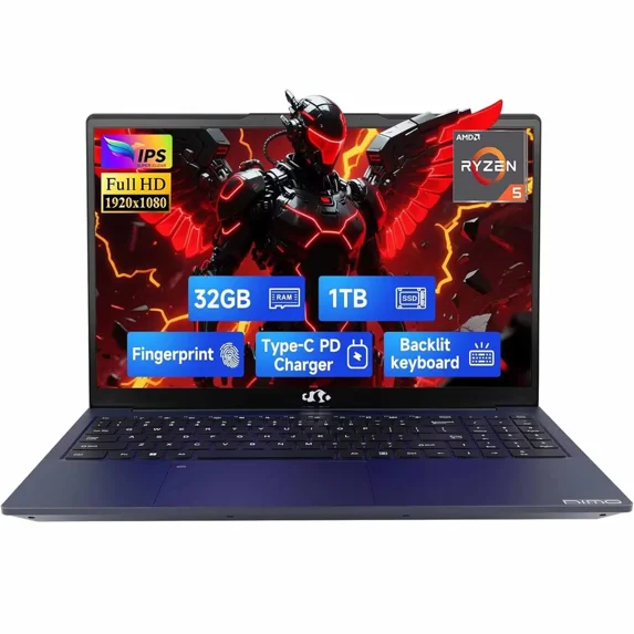 15.6" FHD IPS Student-Laptop-Computer - 32GB RAM 1TB SSD, AMD Ryzen 5 3500U(Beat i5-1135G7, 4 Cores Up to 3.7GHz), 65W Type-C, 2 Years Warranty, Fingerprint, Backlit Keyboard, Wi-Fi 5, BT5.2, Blue