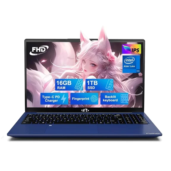 15.6" FHD IPS Student Laptop Computer 16GB RAM 1TB SSD 4 Cores 13th Gen Intel N150(Beat to i3-1115G4, Up to 3.6GHz) 65W GaN Type-C Fingerprint Backlit Keyboard Wi-Fi 6 Blue