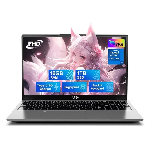 15.6" FHD IPS Student Laptop Computer 16GB RAM 1TB SSD 4 Cores 13th Gen Intel N150(Beat to i3-1115G4, Up to 3.6GHz) 65W GaN Type-C Fingerprint Backlit Keyboard Wi-Fi 6 Gray