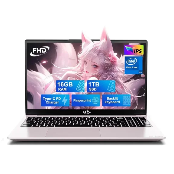 15.6" FHD IPS Student Laptop Computer 16GB RAM 1TB SSD 4 Cores 13th Gen Intel N150(Beat to i3-1115G4, Up to 3.6GHz) 65W GaN Type-C Fingerprint Backlit Keyboard Wi-Fi 6 RoseGold