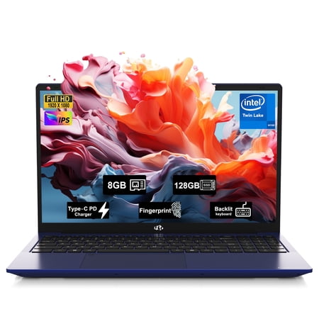 15.6" FHD IPS Student-Laptop Computer - 8GB RAM 128 GB SSD, 4 Cores 13th Gen Intel N150(Beat to i3-1115G4, Up to 3.6GHz), 65W GaN Type-C, Fingerprint, Backlit Keyboard, Wi-Fi 6, BT5.2, Numpad
