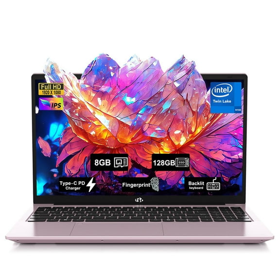 15.6" FHD IPS Student Laptop Computer 8GB RAM 128GB SSD,4 Cores 13th Gen Intel N150(Up to 3.6GHz),65W Type C,Fingerprint,Numpad,Backlit Keyboard, WiFi 6,Pink