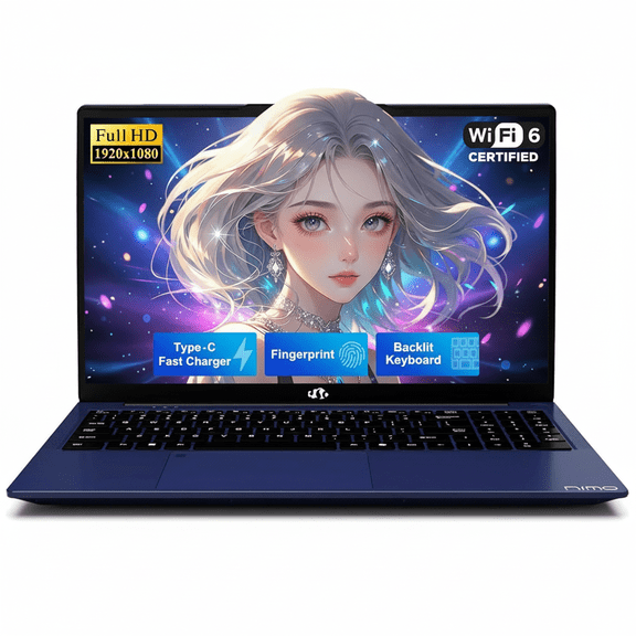 15.6" FHD Laptop 16GB RAM 256GB SSD Intel Pentium N150 (Beat i3-1115G4, 4-Core Up to 3.6GHz) with Backlit Keyboard 65W GaN Type-C Fingerprint Blue