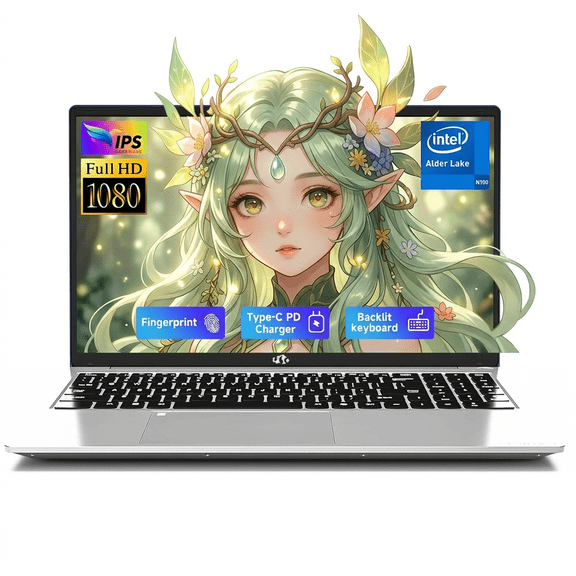 15.6" FHD Laptop 16GB RAM 256GB SSD Intel Pentium Quad-Core N100 (Up to 3.4GHz) with Backlit Keyboard Fingerprint WiFi 6 BT5.2 2 Years Warranty Silver