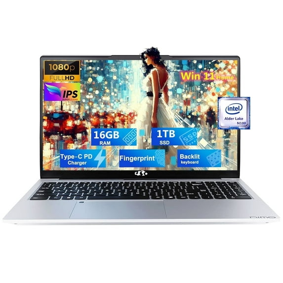 15.6'' FHD Laptop Computer, 16GB RAM 1TB SSD, Type-C 65W PD Fast Charger, Windows 11, 12th Gen Intel N100 Processor, Fingerprint, WiFi 6 (Silver)