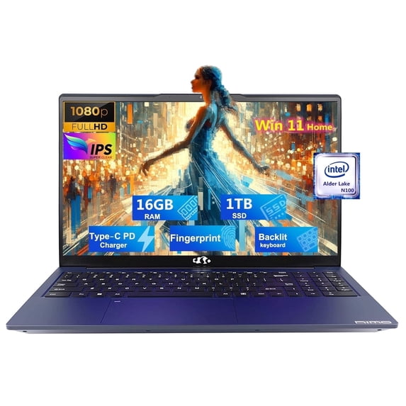 15.6'' FHD Laptop Computer, 16GB RAM 1TB SSD, Type-C 65W PD Fast Charger, Windows 11, Intel N100 Processor(Beat to i3 1115G4, Up to 3.4GHz), Fingerprint, Backlit keyboard (Blue)