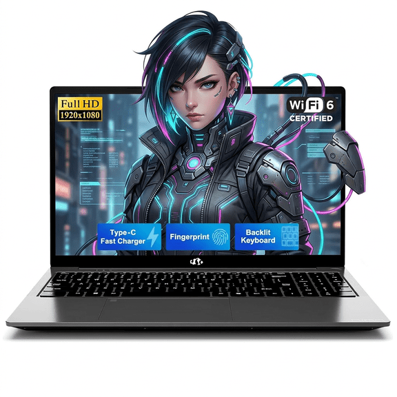 15.6" FHD Laptop Computer 4GB RAM 128GB SSD Intel Pentium N150 (Beat i3-1115G4, 4-Core Up to 3.6GHz) with Backlit Keyboard 65W GaN Type-C Fingerprint Gray