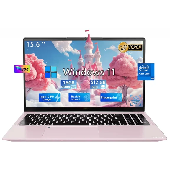 15.6" Business Laptop Computer Quad-Core Intel Celeron N100 Processors Windows 11 Up to 3.4GHz Type-C 65W PD Fast Charger 16GB RAM 512GB SSD 2 Years Warranty (Rose Gold)