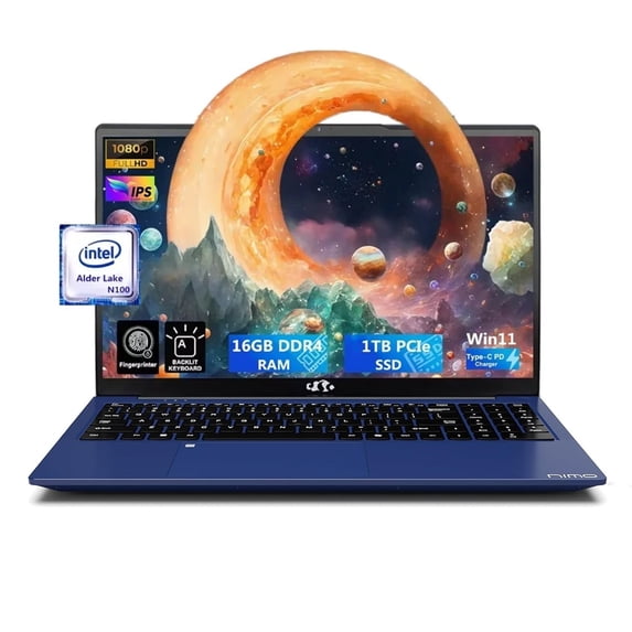 15.6'' FHD Laptop Computer, 16GB RAM 1TB SSD, Type-C 65W PD Fast Charger, 12th Gen Intel N100, Windows 11, Fingerprint, WiFi 6 (Blue)